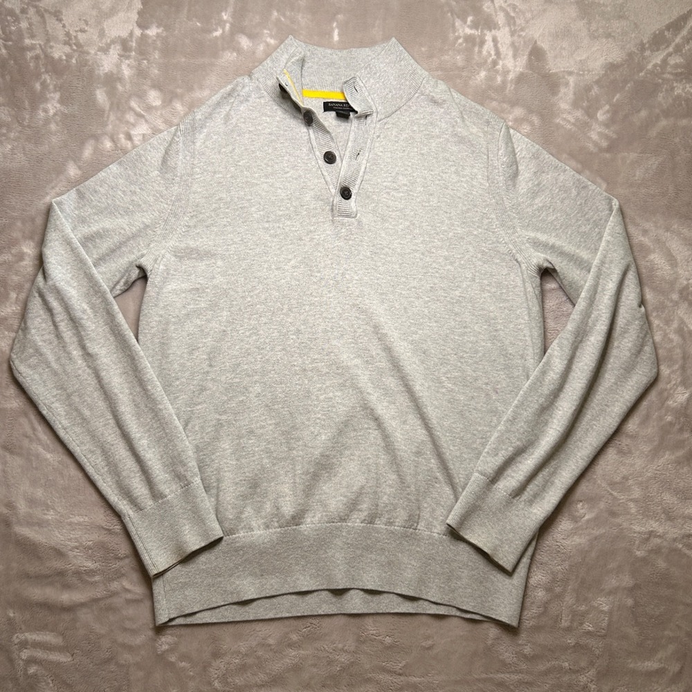 Banana Republic Cotton Cashmere Sweater Mens L Gray Henley Mock Neck Preppy